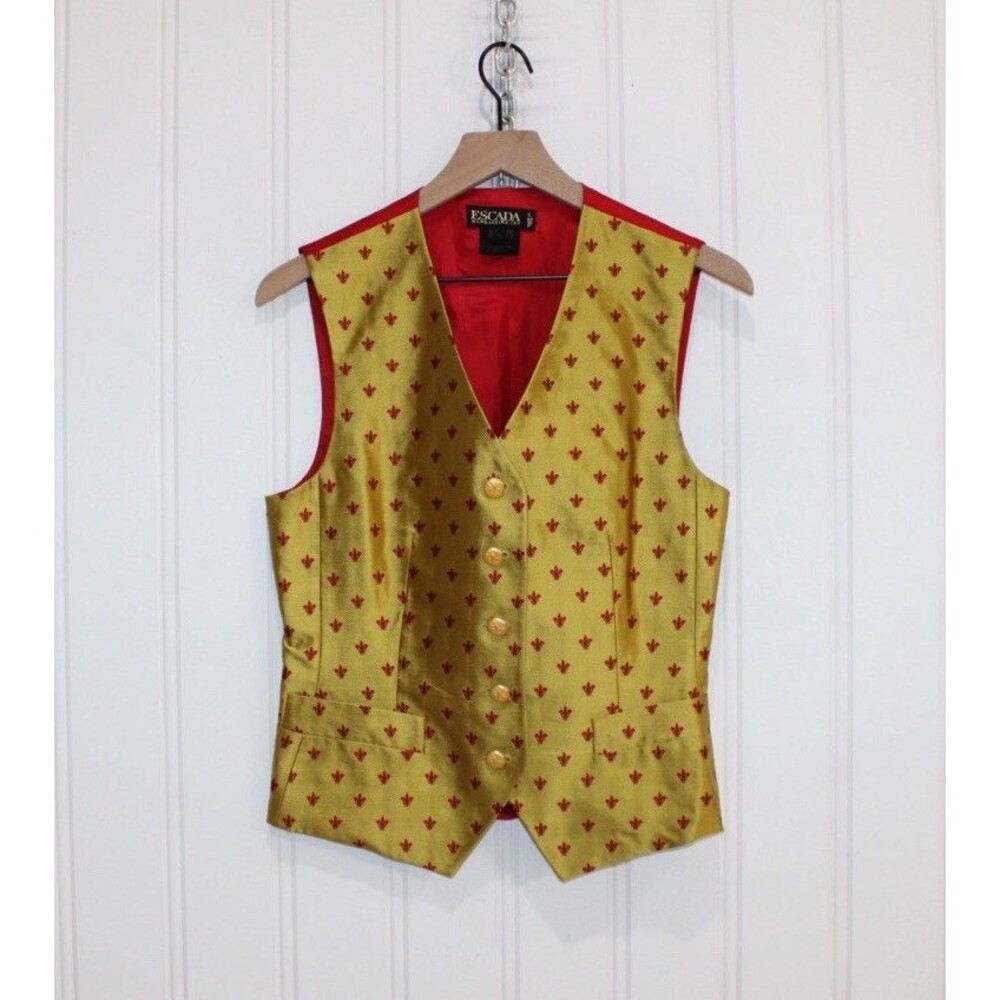 Vintage ESCADA Margaretha Ley Red Silk Vest Made In Italy Fleur De Lis IT 38